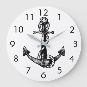 Anker Nautical Schwarz und Weiß Große Wanduhr