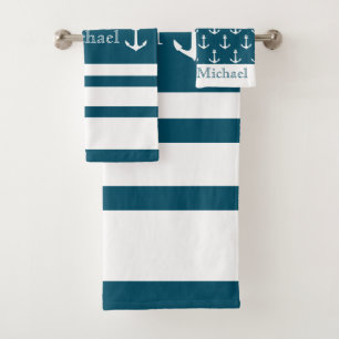 Anker Nautisch Blau Und Weiße Streifen Name Badhandtuch Set