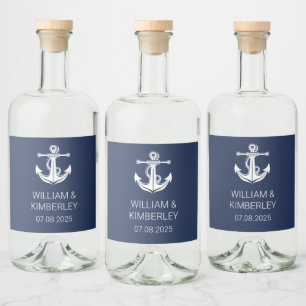Anker Navy Blau Nautische Elegante Hochzeit  Alkoholflaschenetikett