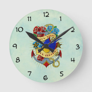 Anker, Schwalbe und Rosen Runde Wanduhr