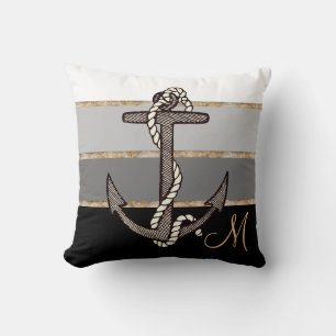 Anker & Seil (schwarzer Farbverlauf mit/Monogramm) Kissen