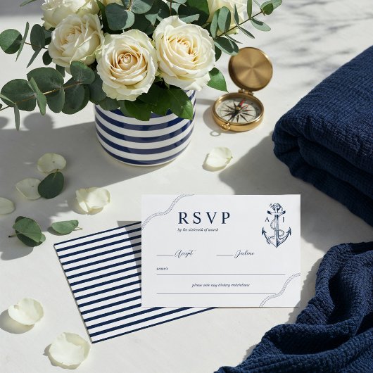 Anker & Seile Nautische Monogramm Navy & White RSVP Karte