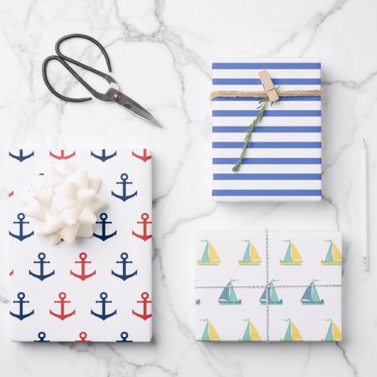 Anker, Streifen und Segelboot Geschenkpapier Set (Vorderseite)