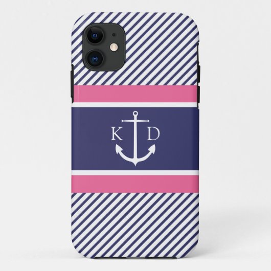 Anker u. Seestreifen u. Monogramm-Marine &Pink Case-Mate iPhone Hülle (Rückseite)