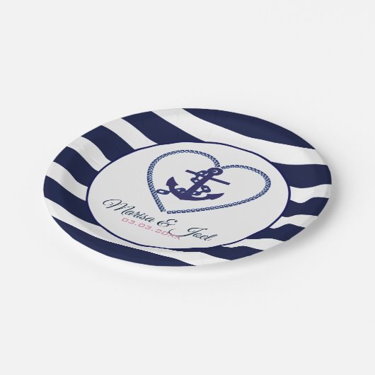 Anker und blaue Streifen Pappteller (Schrägansicht)