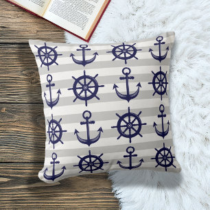 Anker und Boat Wheel Gray Stripe nautisch Kissen