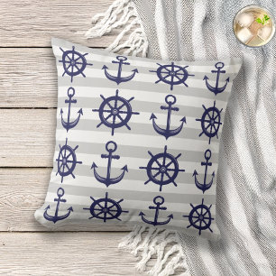Anker und Bootshelm Wheel Gray Stripe nautisch Kissen