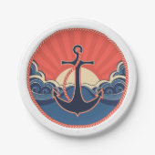 Anker- und Meereswellen-Muster Pappteller (Vorderseite)