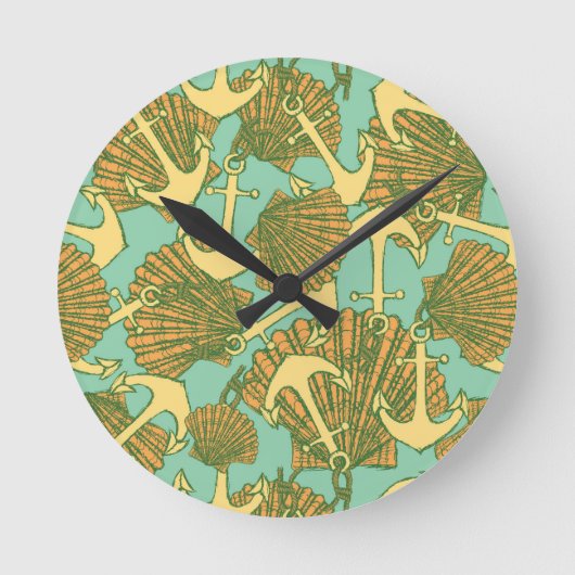 Anker und Muscheln im Vintagen Stil Runde Wanduhr (Vorderseite)