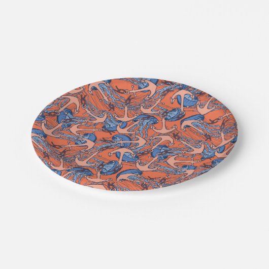 Anker- und Quallenmuster Pappteller (Schrägansicht)