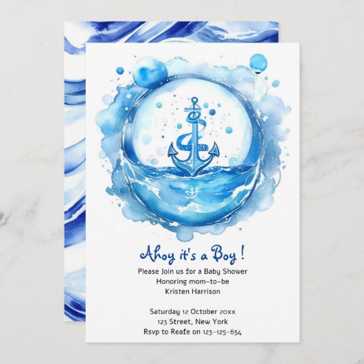 Anker & Waves: Wasserfarben-Kinderdusche Einladung (Vorne/Hinten)