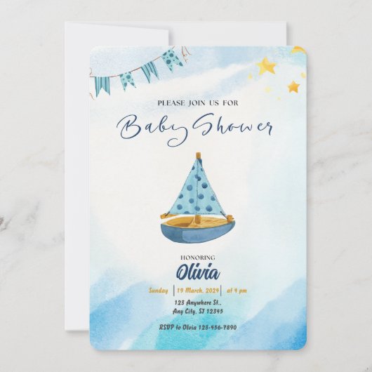 Anker weg: Blue Watercolor Boat Baby Dusche Einladung (Vorderseite)