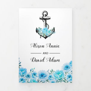Ankerblau Aquarellfarben Blume Wasserhochzeit Dreifach Gefaltete Einladung