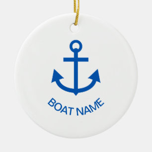 Ankerblau Personalisiert, Name des Schiffes weiß Keramik Ornament