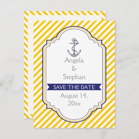 Ankergelbe weiße nautische Hochzeit Save the Date Ankündigungspostkarte (Vorne/Hinten)