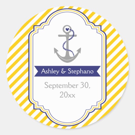 Ankergelbe weiße nautische Hochzeit Save the Date Runder Aufkleber (Vorderseite)