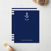 Ankermonogramm und Name Navy Blue & White Streifen Mitteilungskarte (Vorderseite/Rückseite Beispiel)