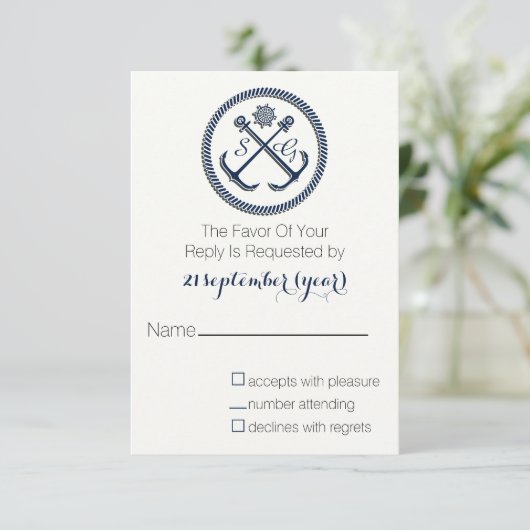 Ankermonogramme, nautische Hochzeit rsvp 3,5 x 5 (Stehend Vorderseite)