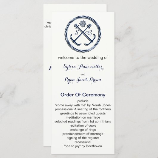 Ankermonogramme, Nautische Hochzeitsprogramme Programm (Vorne/Hinten)