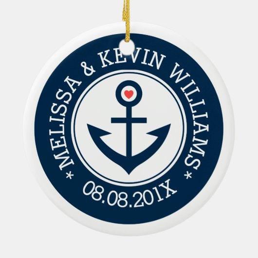 Ankerschiff Navy-Blue & White Wedding Nautical Boa Keramikornament (Hinten)