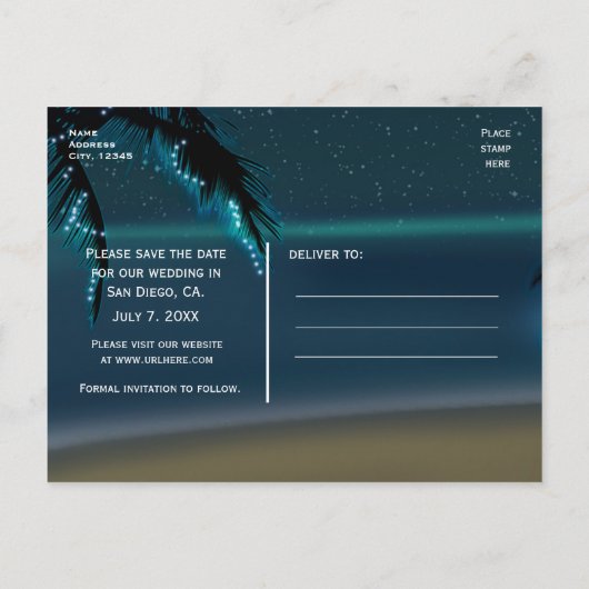 Ankerstrand + Palmen Save the Date Postkarte (Rückseite)