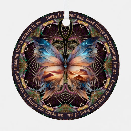 Ankh Butterfly Life Symbol Mandala Affirmation Ornament Aus Metall (Vorderseite)