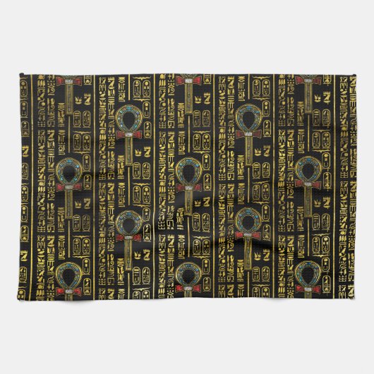 Ankh und ägyptisches Hieroglyphenmuster Geschirrtuch (Horizontal)