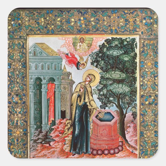 Ankündigung am Springbrunnen Quadratischer Aufkleber (Vorderseite)