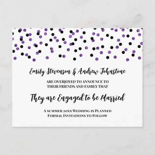 Ankündigung der Black Lila Confetti Verlobung (Vorderseite)