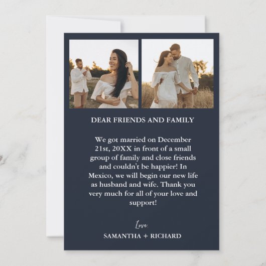 Ankündigung der Elegance Arch Navy Blue Elopement (Rückseite)