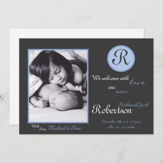 Ankündigung der Geburt von 12x18 Blue Monogram (Vorne/Hinten)