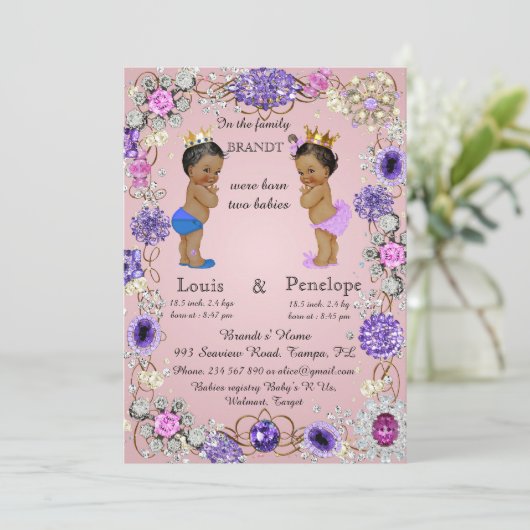Ankündigung der Geburt Zwillinge, rosa, farbig (Stehend Vorderseite)