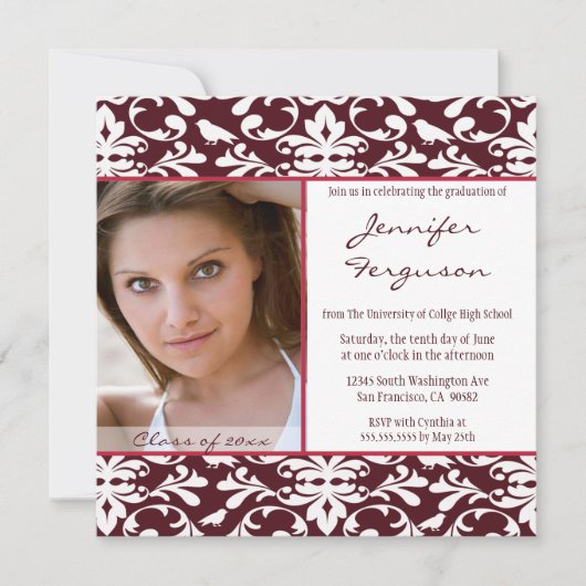 Ankündigung der Maroon Damask Foto Graduierung Par (Vorderseite)