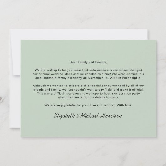 Ankündigung der "Minimal Foto Sage Green Elopement (Rückseite)