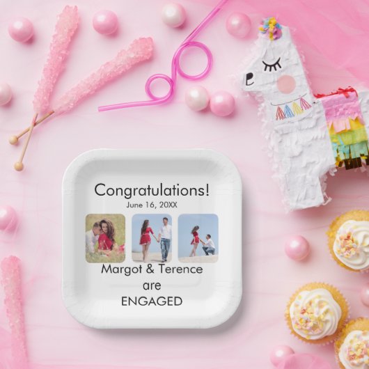 Ankündigung der personalisierten 3-Foto-Verlobung Pappteller (Party)