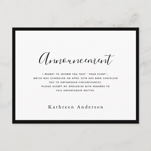 Ankündigung der Stornierung eines weißen Skripts P Postkarte (Vorderseite)