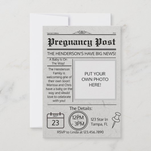 Ankündigung der Zeitung Baby Shower Einladung (Vorderseite)