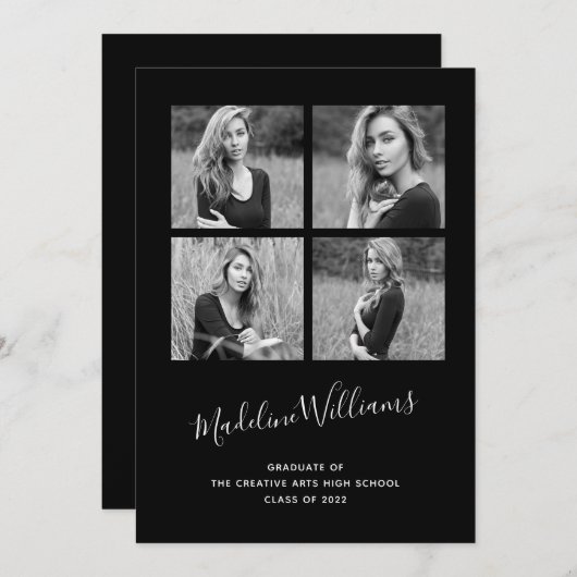 Ankündigung des 4-Foto-Abschlusses in Schwarz und (Vorne/Hinten)