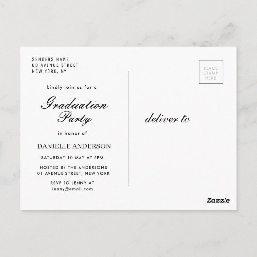 Ankündigung des Abschlusses in weißem Text Postkarte (Rückseite)