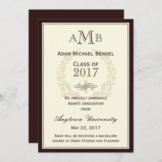 Ankündigung des braunen eleganten Monogram-Abschlu (Vorne/Hinten)