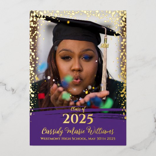 Ankündigung des lila Abschlusses Confetti Foil (Vorderseite)