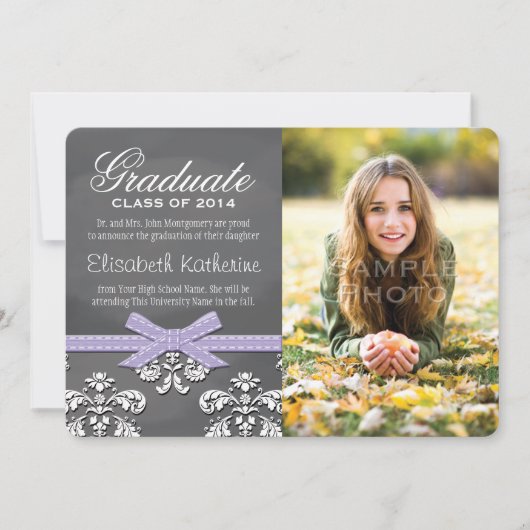 Ankündigung des Lila Bow Chalkboard Lace Abschluss (Vorderseite)