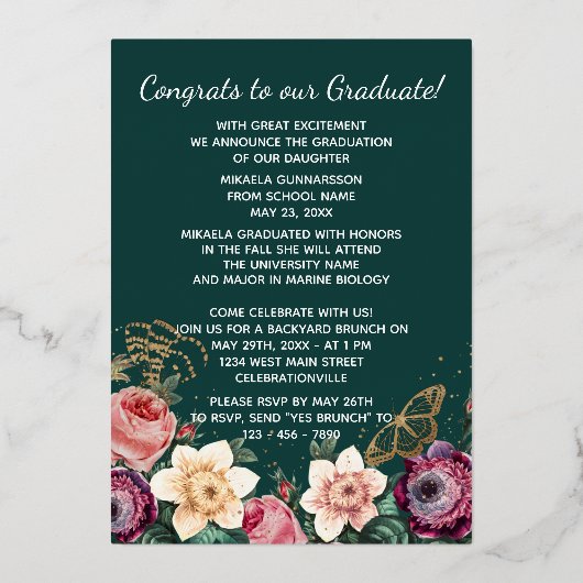 Ankündigung des Rosa Floral Boho Gold Foil Abschlu (Rückseite)