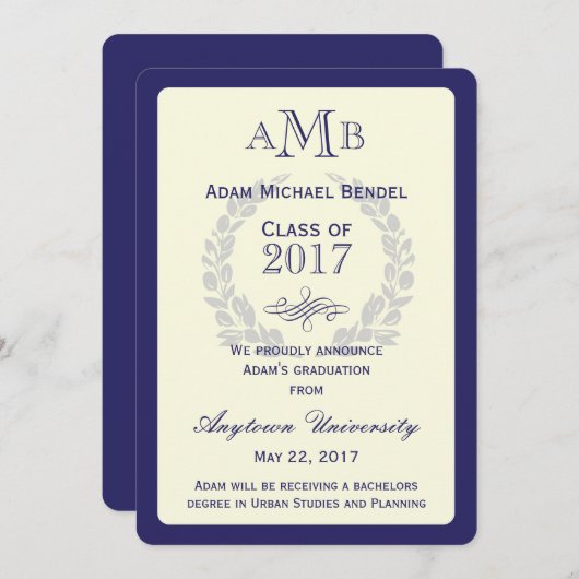 Ankündigung des Royal Blue Monogram Abschlusses (Vorne/Hinten)