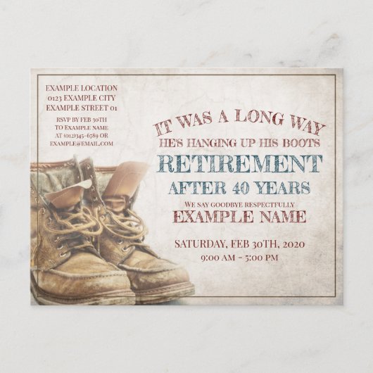 Ankündigung des Ruhestands mit alten Stiefeln (Vorderseite)