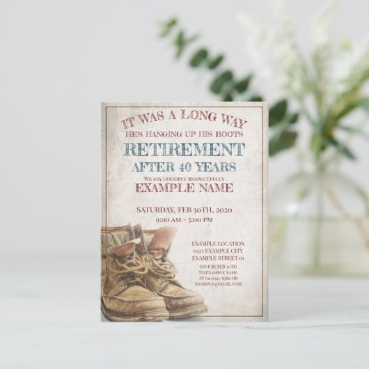 Ankündigung des Ruhestands mit alten Stiefeln (Stehend Vorderseite)