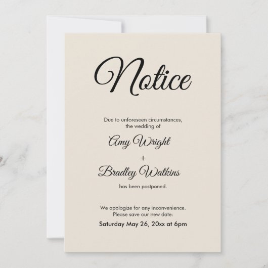 Ankündigung einer vertagten Hochzeit (Vorderseite)