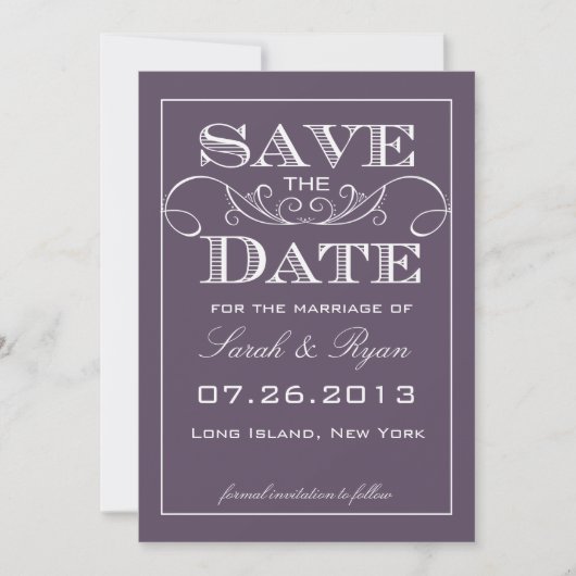 Ankündigung eines eleganten Lila Save the Date (Vorderseite)