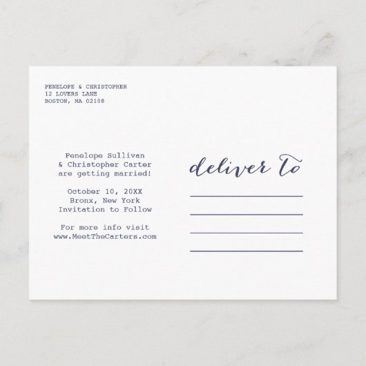 Ankündigung eines Navy-Script-Foto- Save the Date (Rückseite)