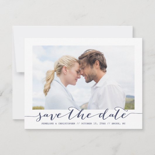 Ankündigung eines Navy-Script-Foto- Save the Date (Vorderseite)